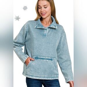 ZENANA Holiday - Fleece High Neck Front Pocket Pullover in Blue Grey sz Small |